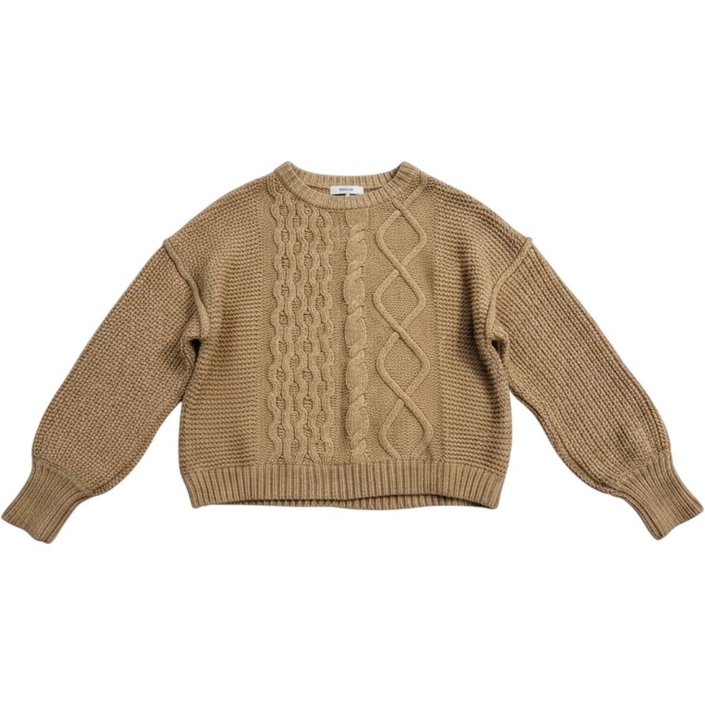 Free People On A Cloud Tan Cable Knit Balloon Sleeve Sweater XS OB1343351